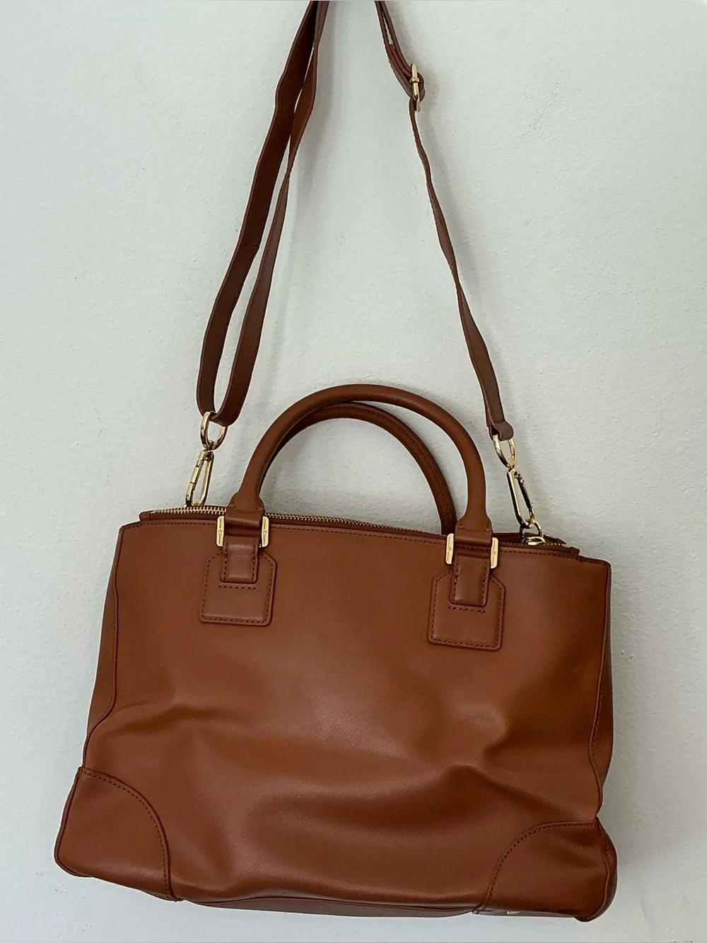 Tory Burch Robinson Double Zip Tote Tan Leather Satchel Crossbody Bag - Picture 14 of 14